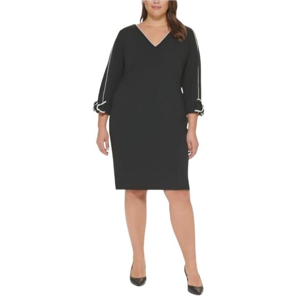 New Calvin Klein Back White Bow Trim V Neck Sheath Dress Women Size 10 Whimsygot - Picture 1 of 9